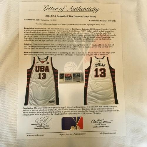 2004-ben Tim Duncan Játék Használt Csapat USA Olimpia Jersey Sport Befektetők COA - NBA Játék Használt