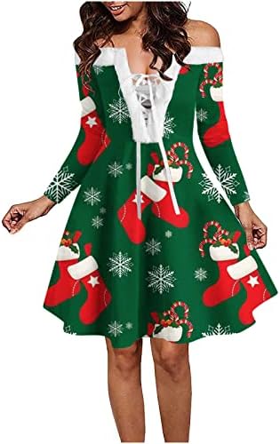 BADHUB Xmas_Dress Női Alkalmi Karácsonyi Nyomtatás Hosszú Ujjú Le Váll, Térd Ruha Party Mini Ruha